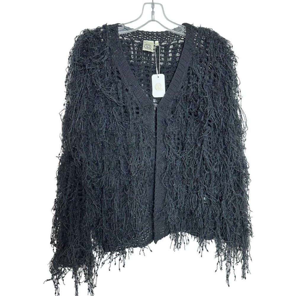 Fashion Apparel Black Fringe Open Front Cardigan Sweater Long Sleeve, S/M - L/XL
